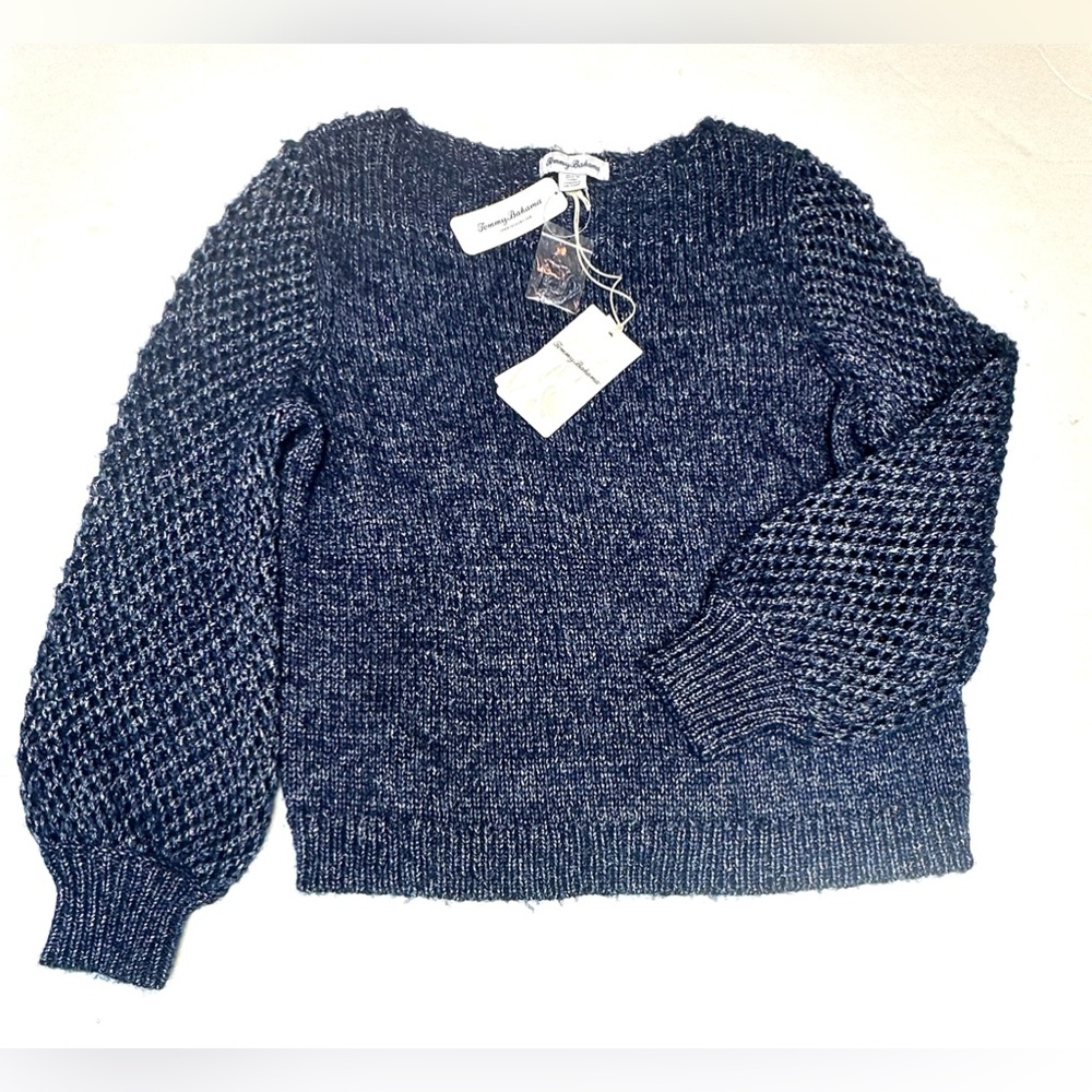 Tommy Bahama Wool Blend Shimmer Ballon Sleeve Island Navy Sweater size Med. NWT - Picture 3 of 11